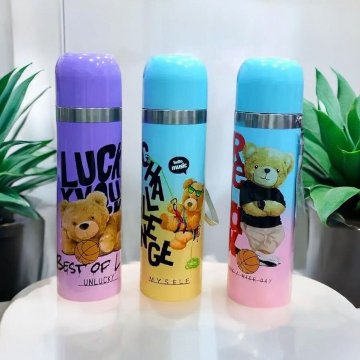 Cute Teddy Print Steel Thermos Bottle