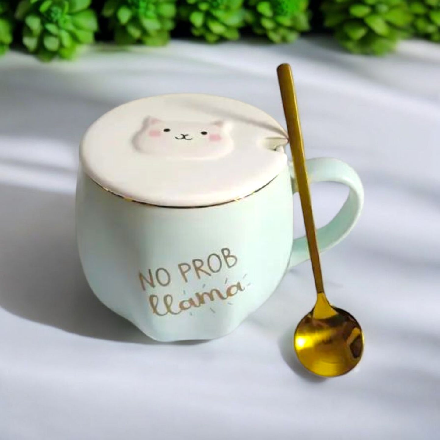 Cute Llama Mug with Lid and Spoon