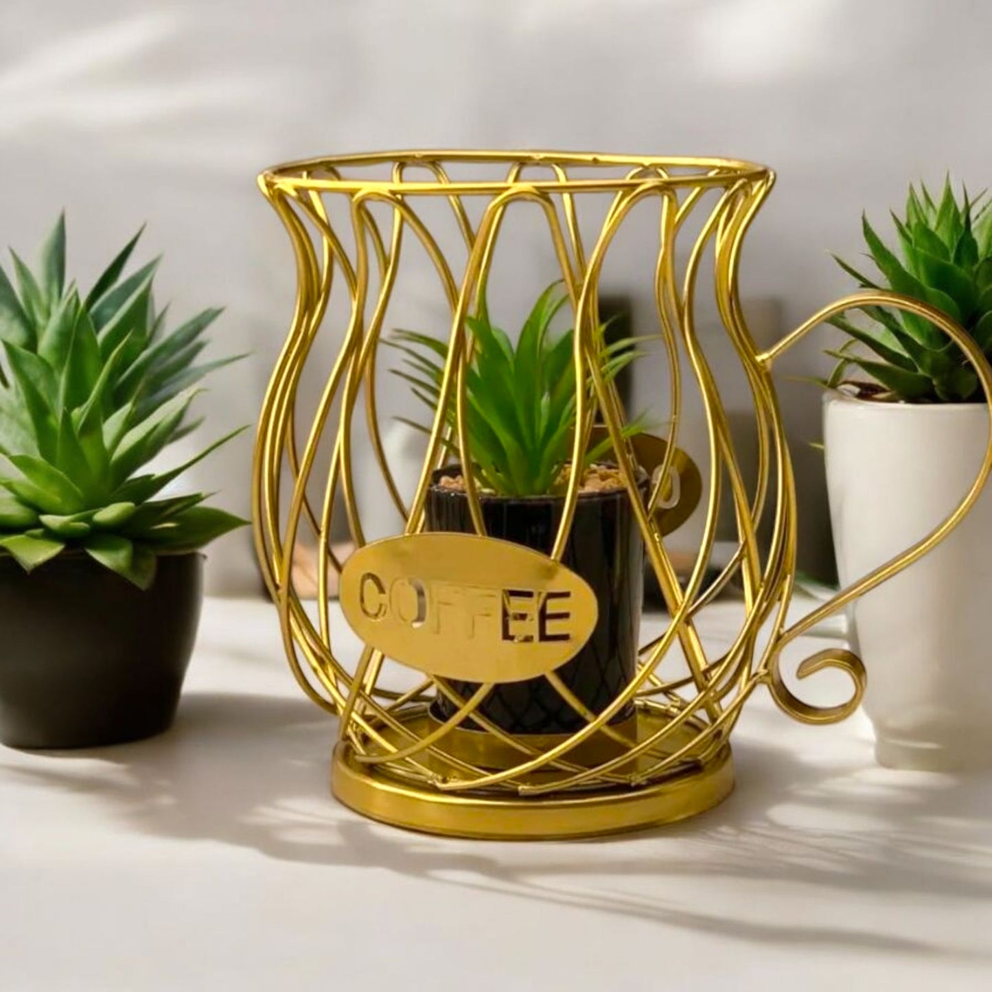Golden Coffee Cup Wire Planter with Faux Succulent