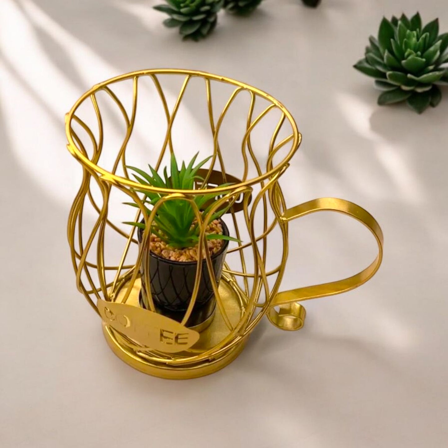 Golden Coffee Cup Wire Planter with Faux Succulent