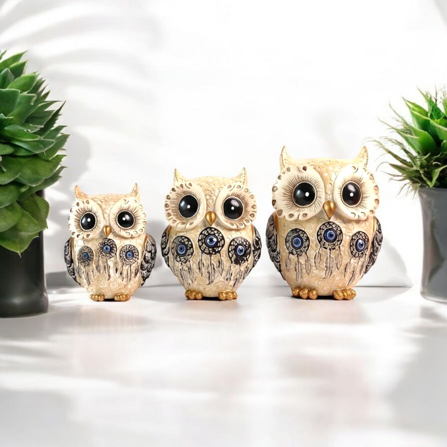 Decorative Owl Figurine with Evil Eye Motif set of 3