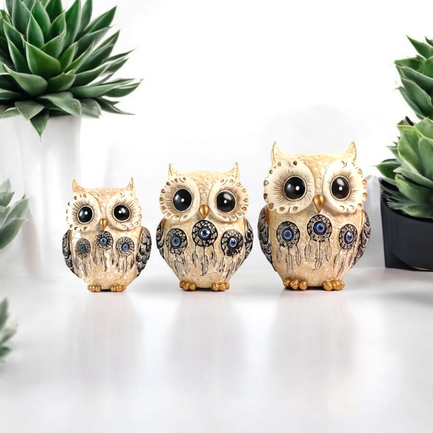 Decorative Owl Figurine with Evil Eye Motif set of 3