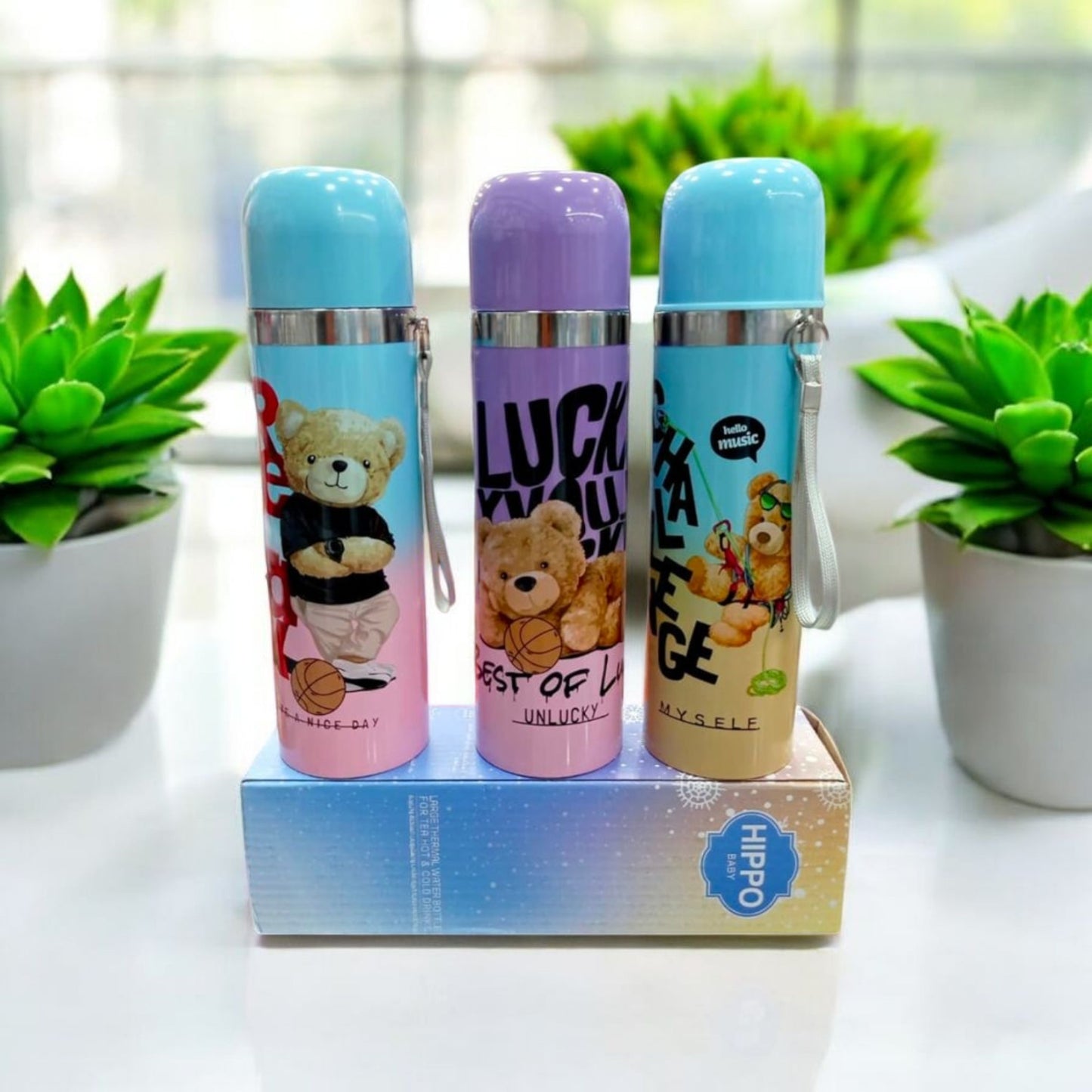 Cute Teddy Print Steel Thermos Bottle