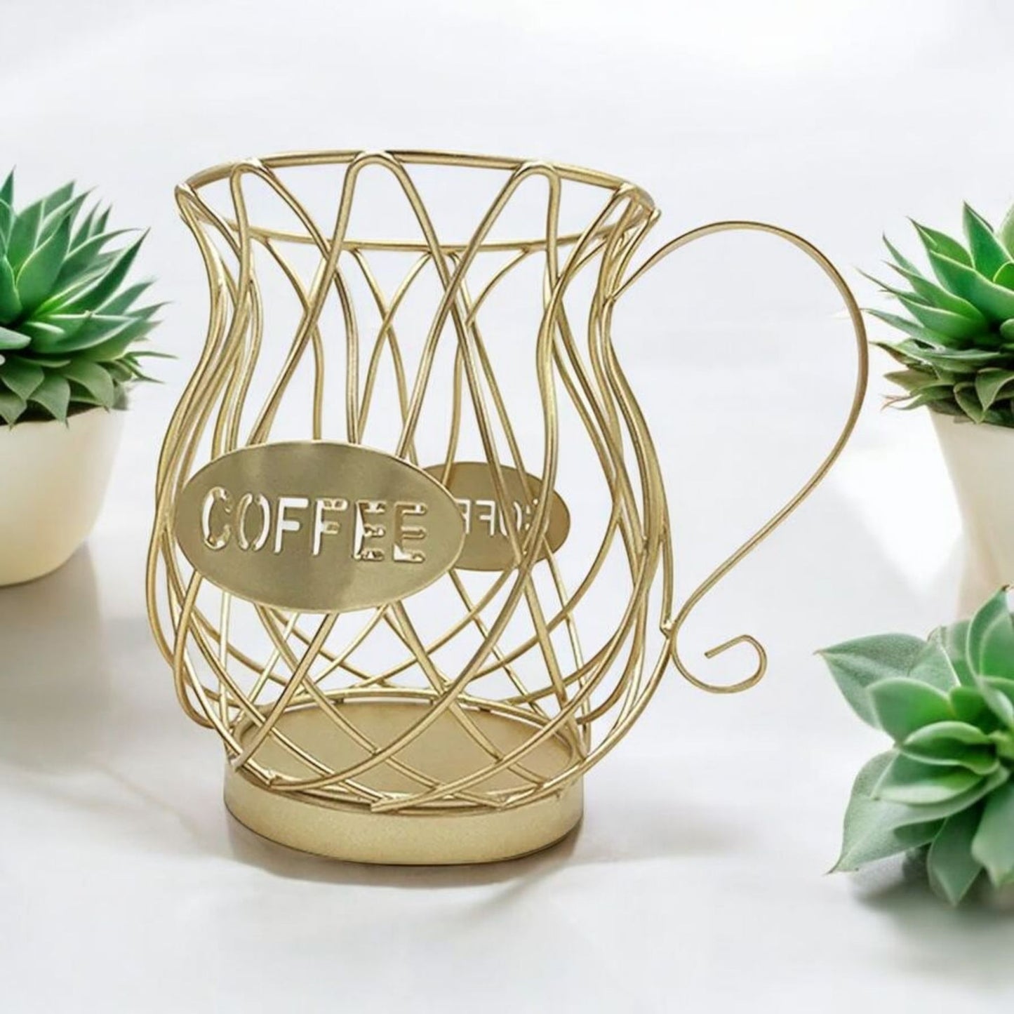 Golden Coffee Cup Wire Planter with Faux Succulent