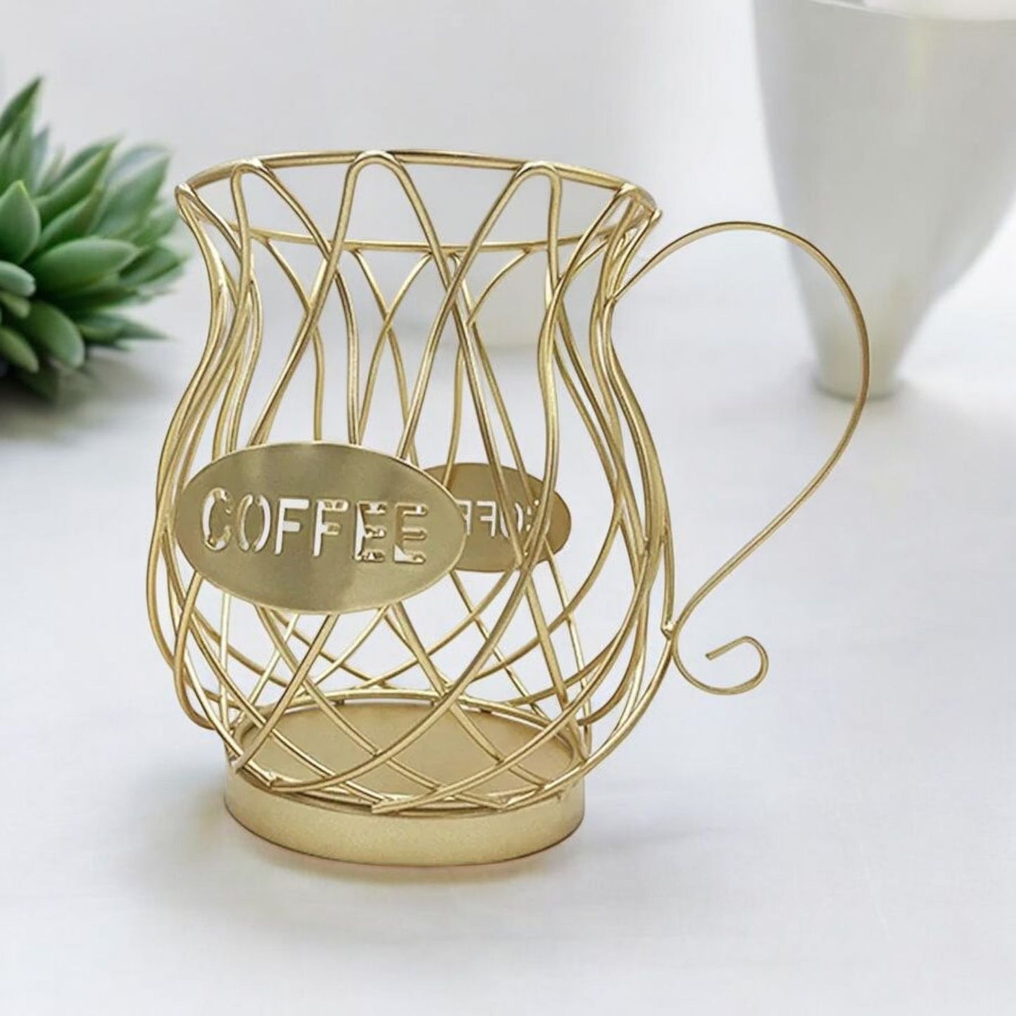 Golden Coffee Cup Wire Planter with Faux Succulent