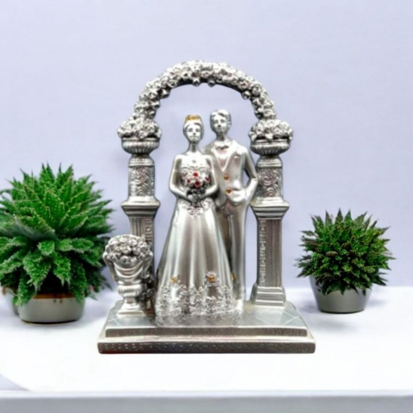 Silver Wedding Couple Figurine Under Floral Arch