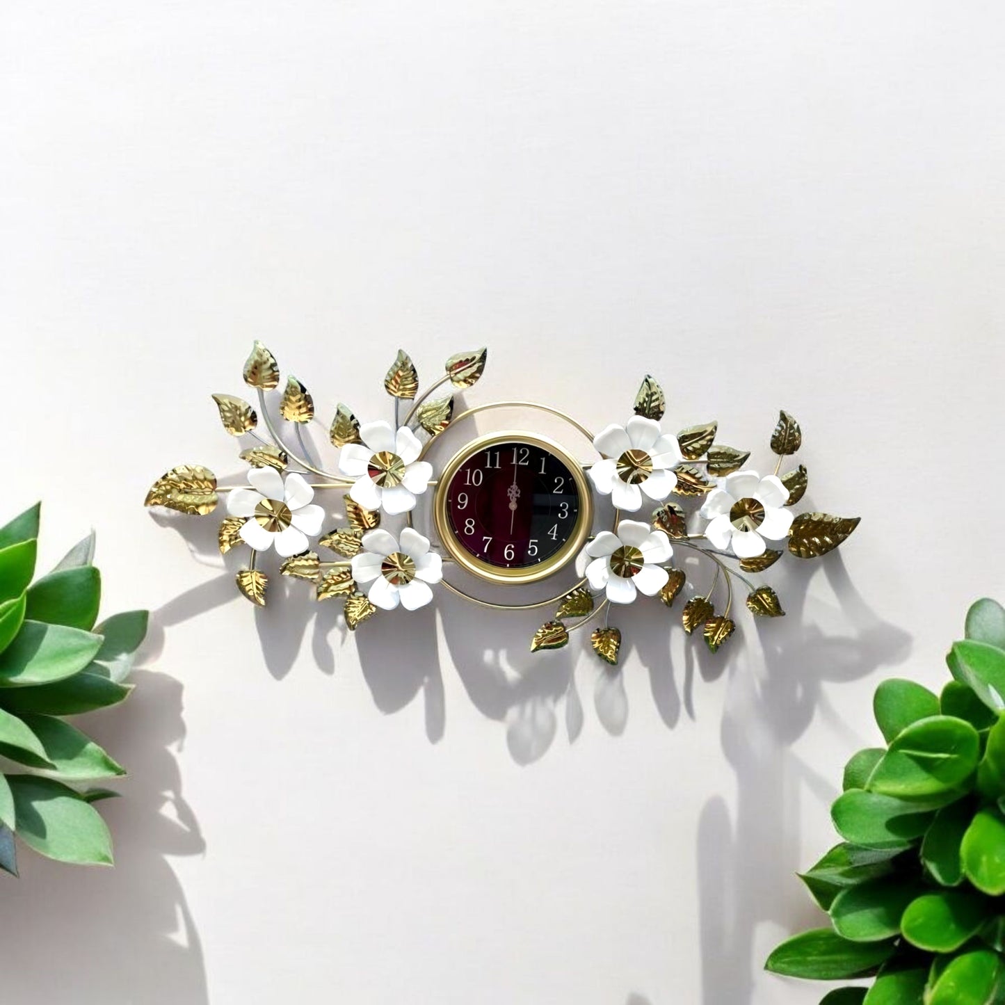 White Floral Metal Wall Clock