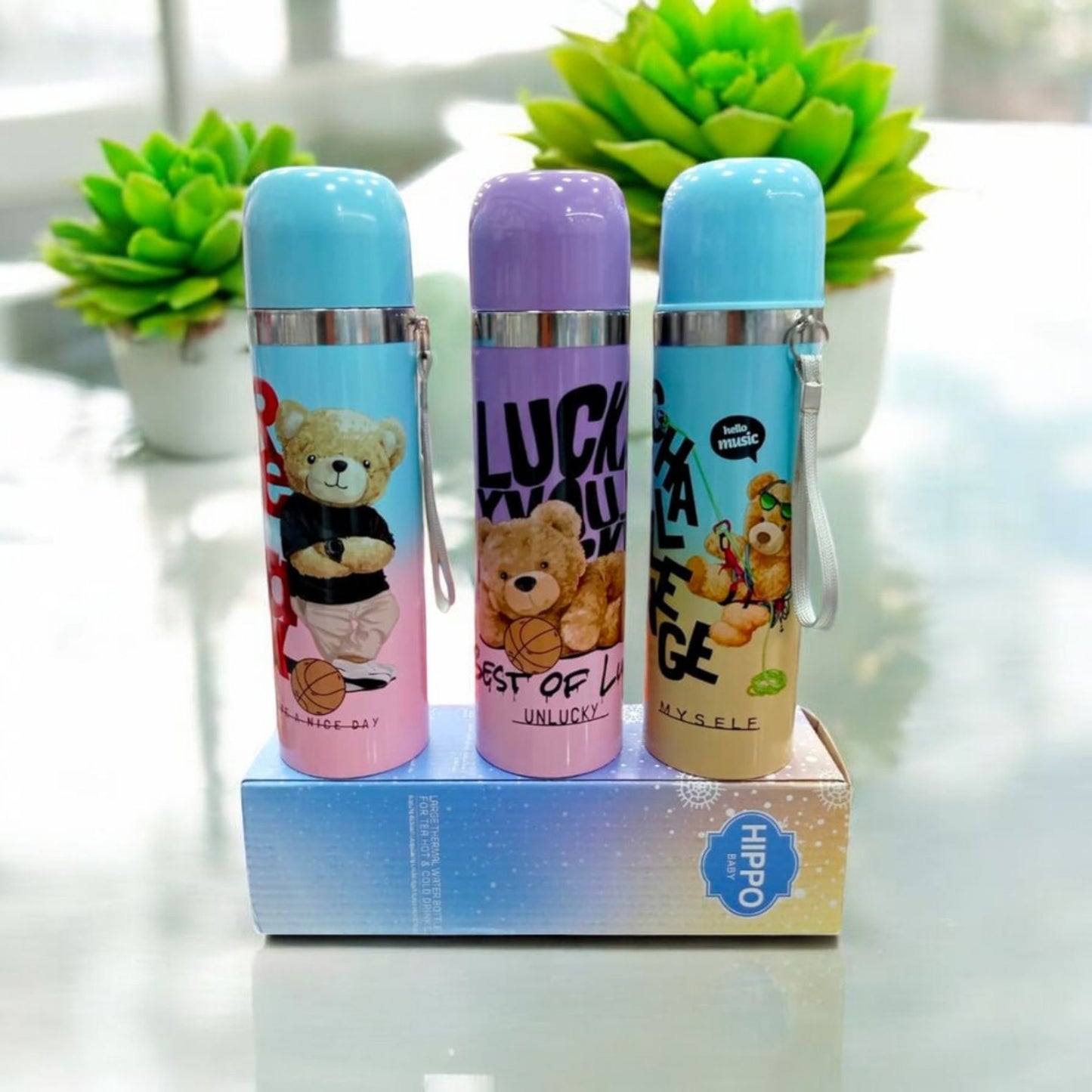 Cute Teddy Print Steel Thermos Bottle