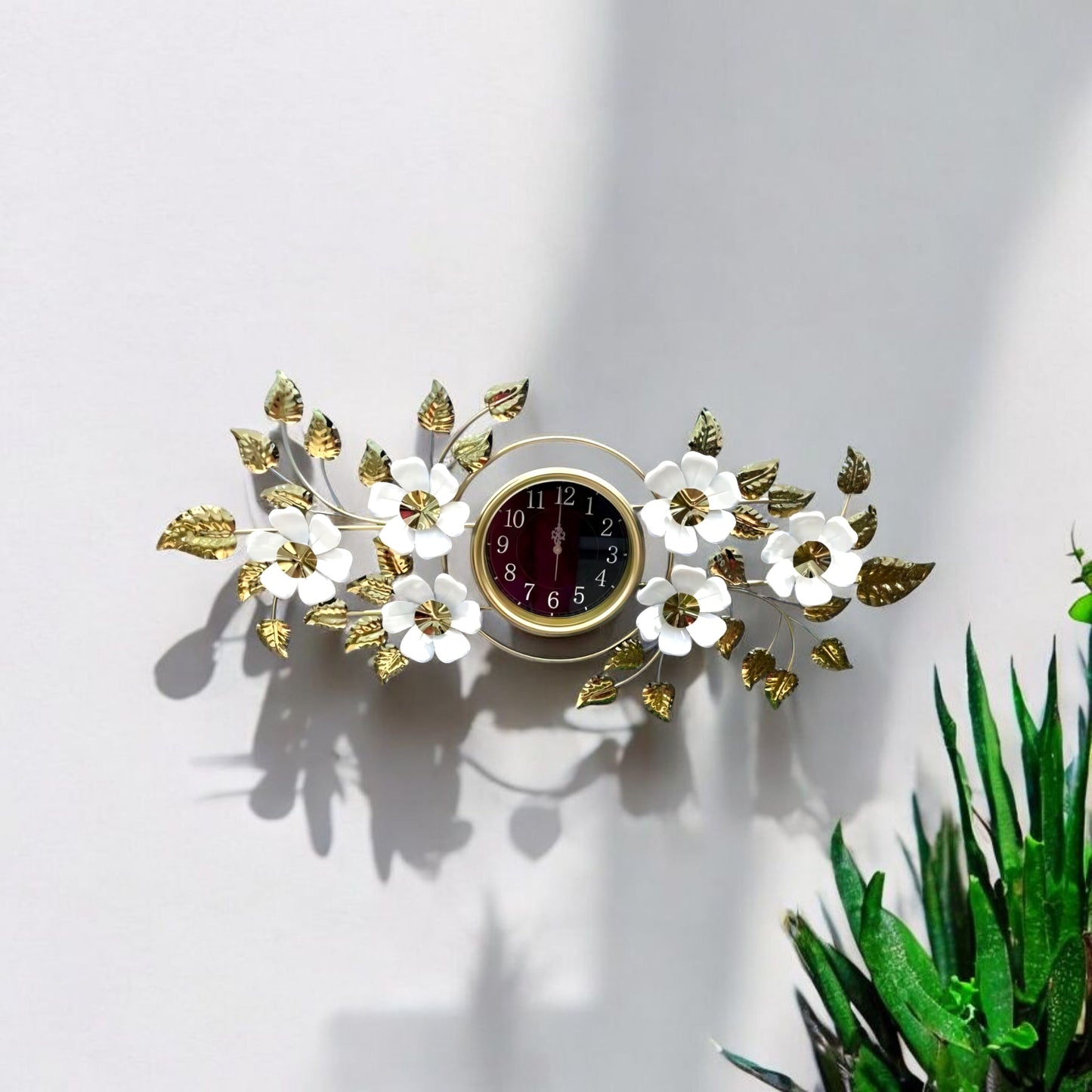 White Floral Metal Wall Clock