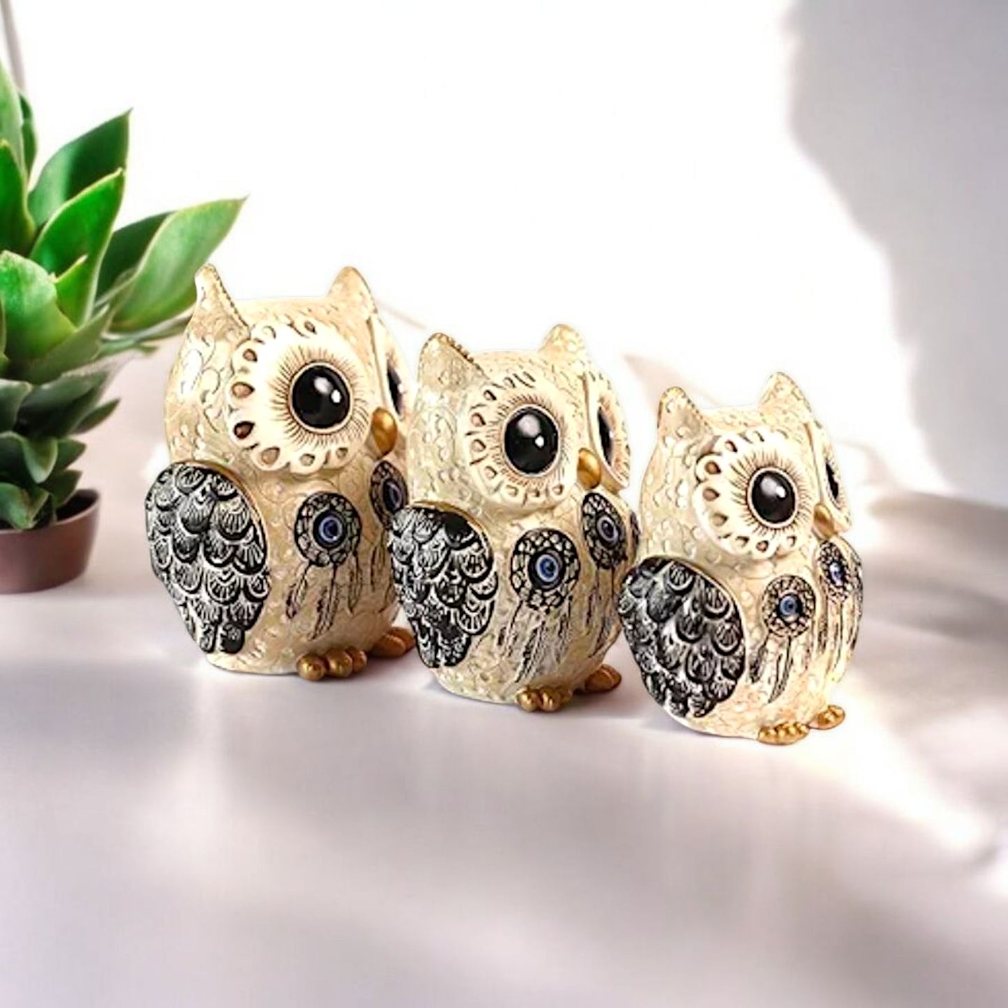 Decorative Owl Figurine with Evil Eye Motif set of 3
