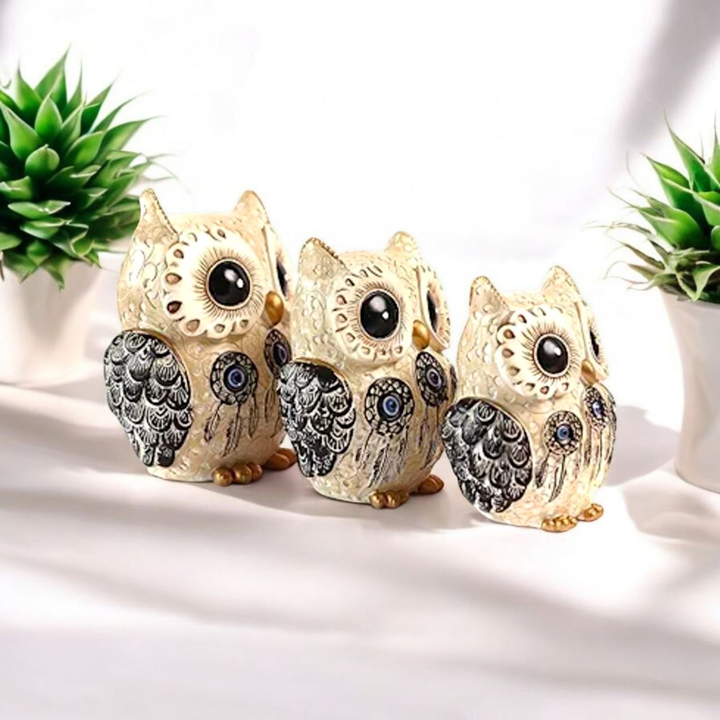 Decorative Owl Figurine with Evil Eye Motif set of 3