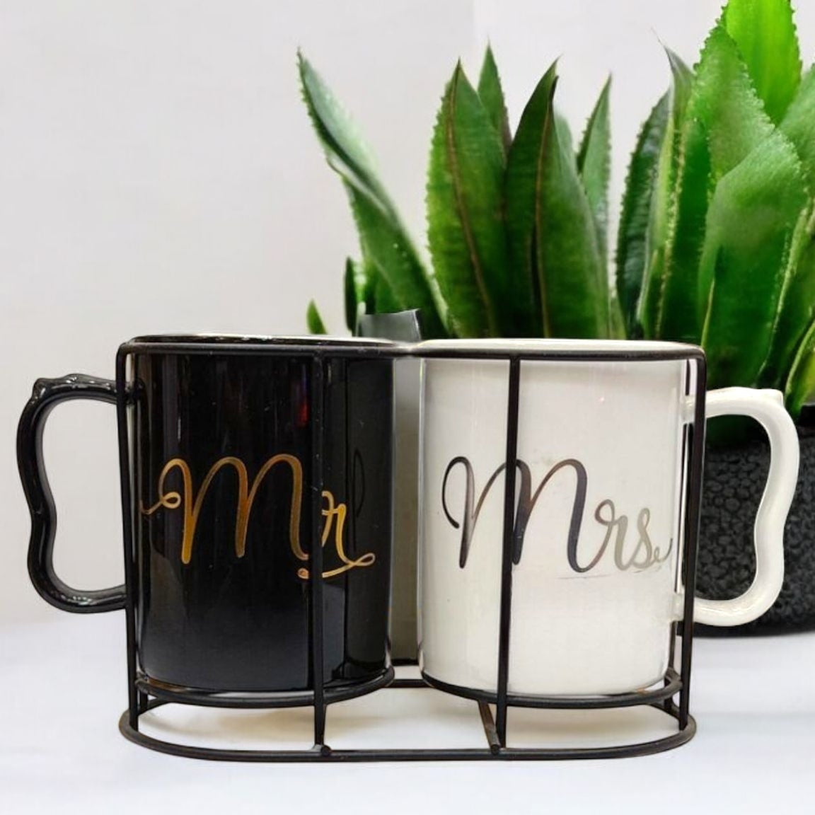 Mr. & Mrs. Ceramic Mug Set with Stand