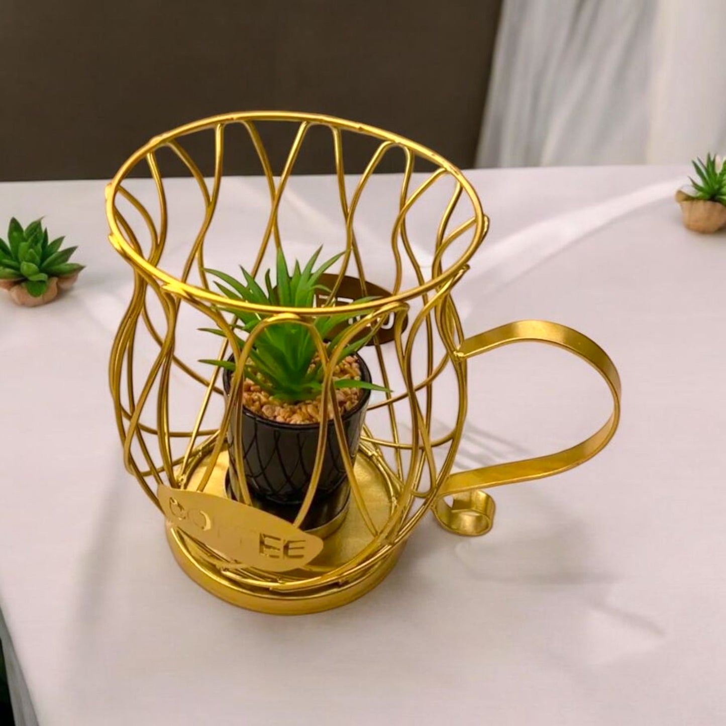 Golden Coffee Cup Wire Planter with Faux Succulent