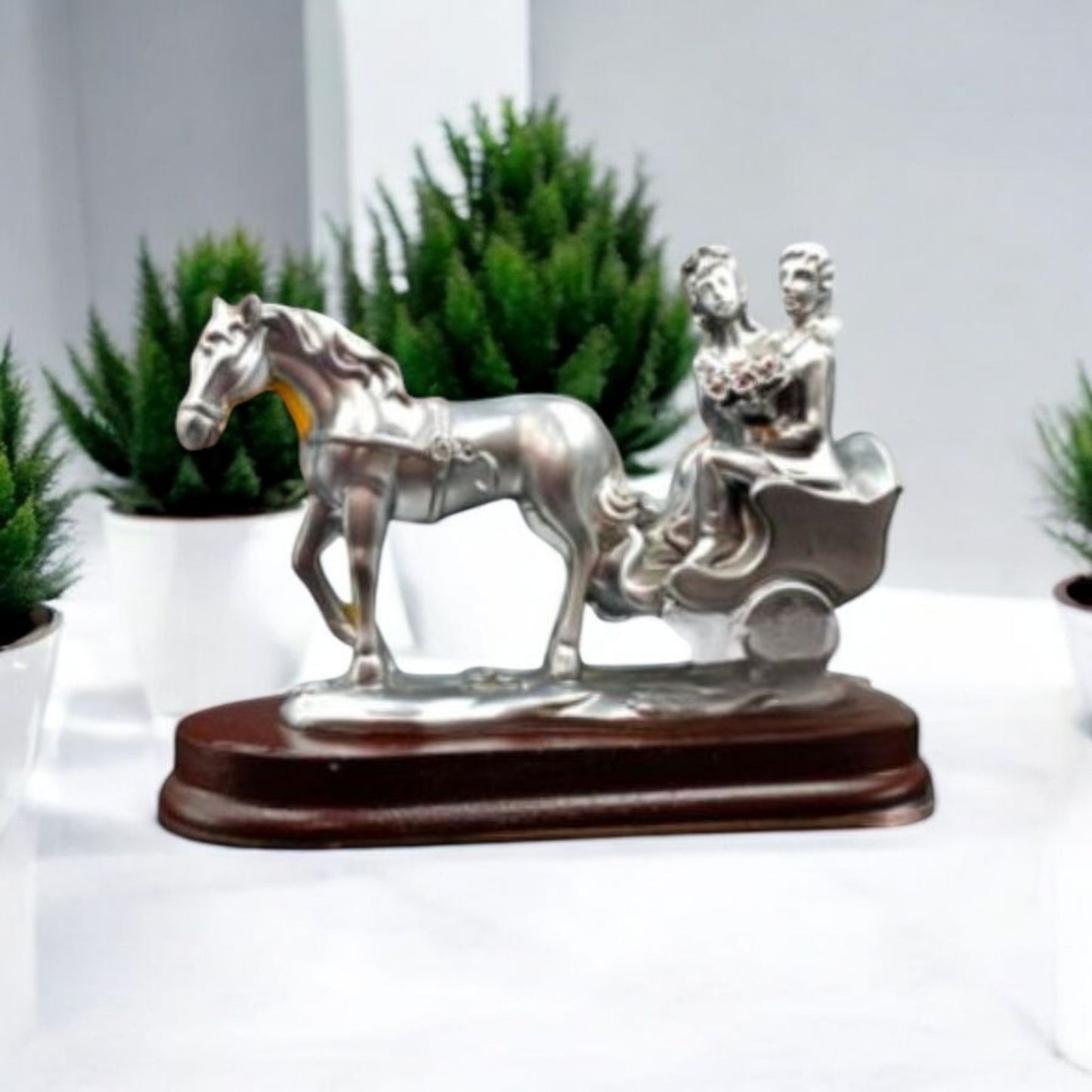 Silver Couple Horse Carriage Figurine