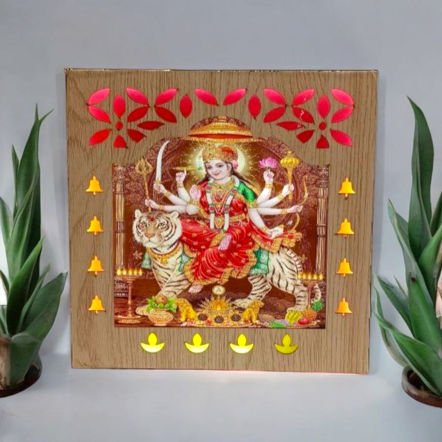 Wooden Durga Maa Wall Frame with Decorative Bells