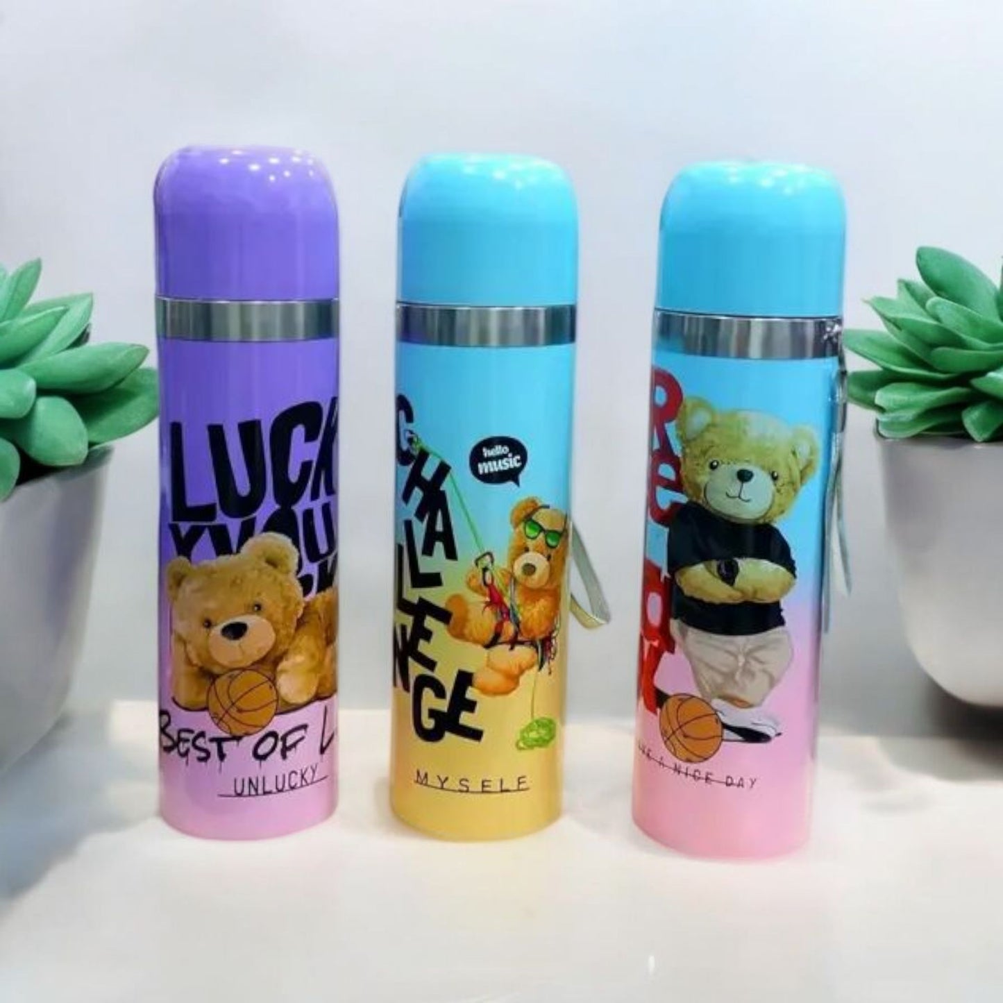 Cute Teddy Print Steel Thermos Bottle