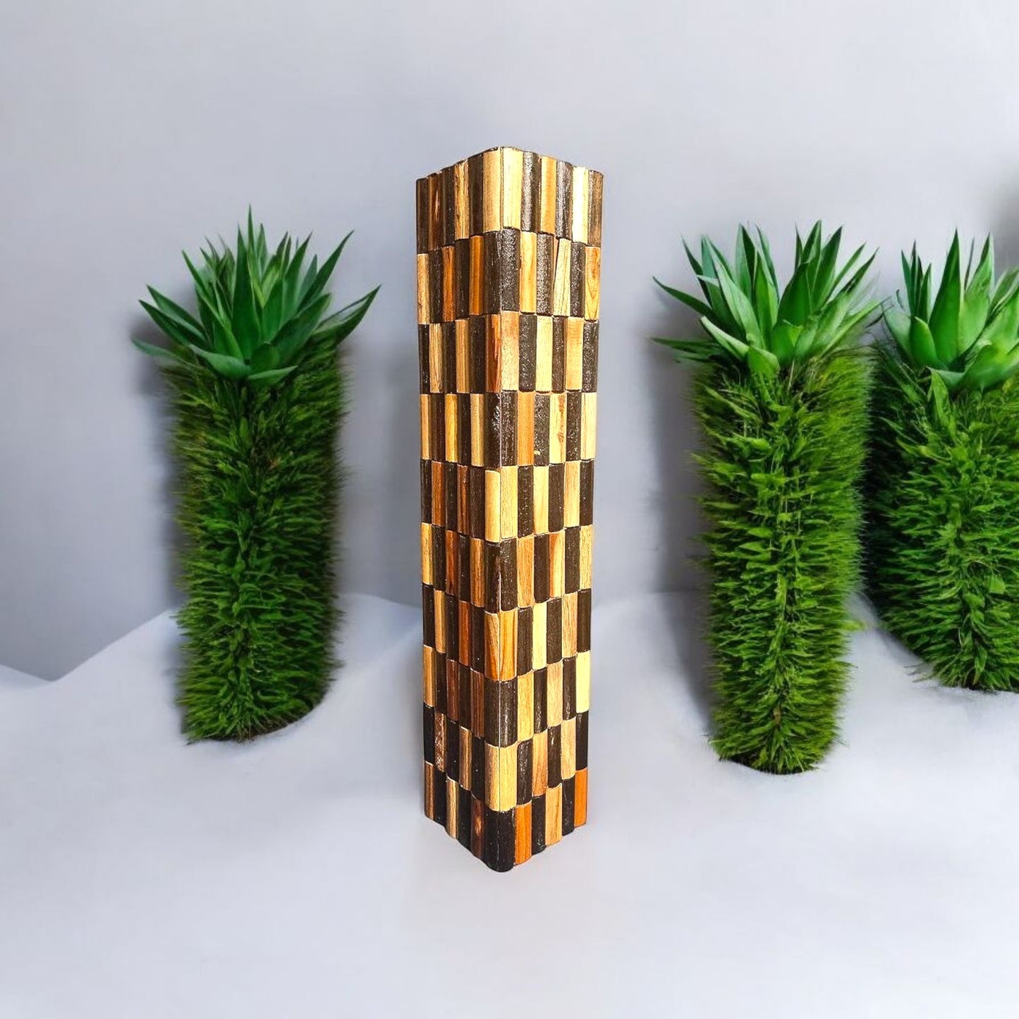 Unique Wooden Checker Pattern Vase