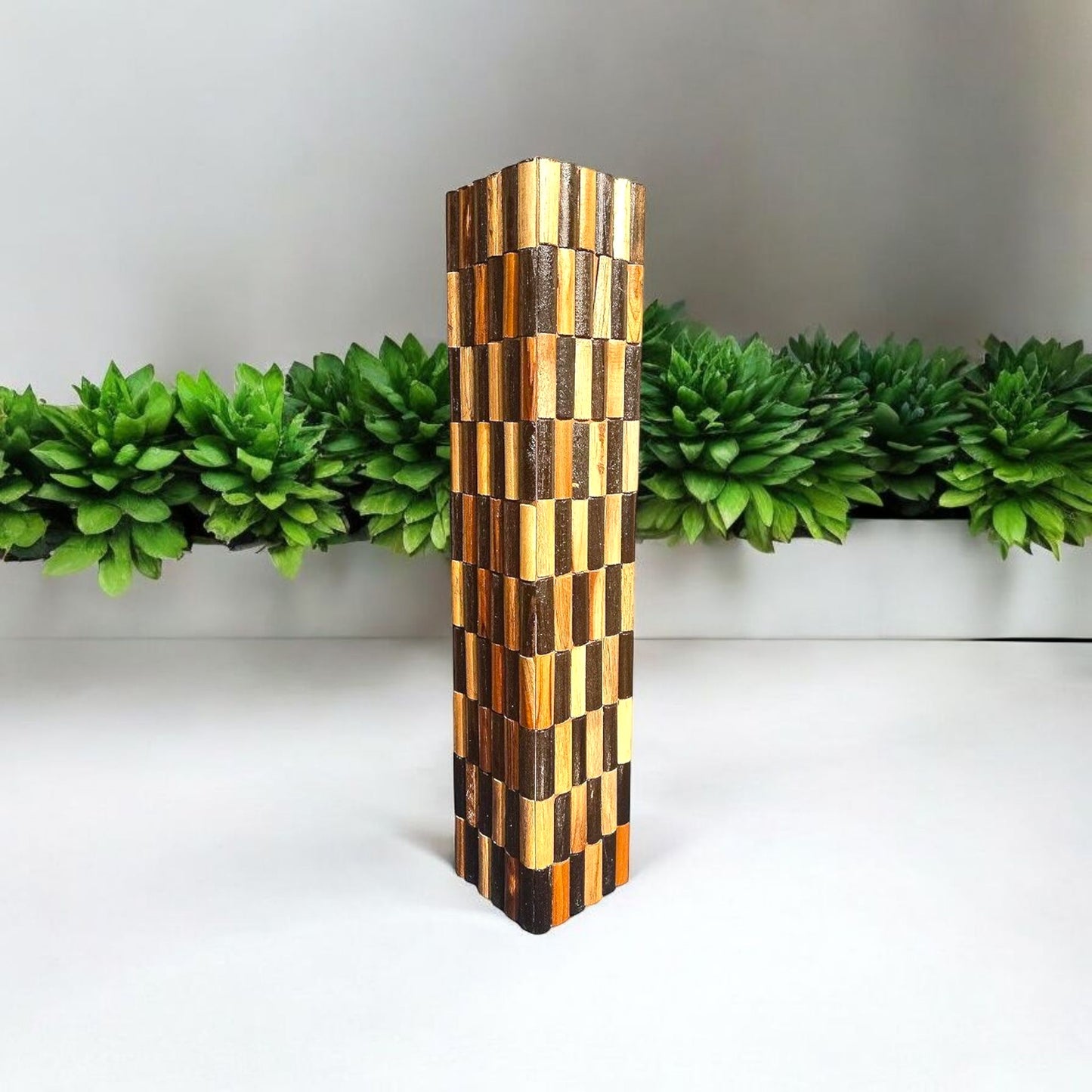 Unique Wooden Checker Pattern Vase