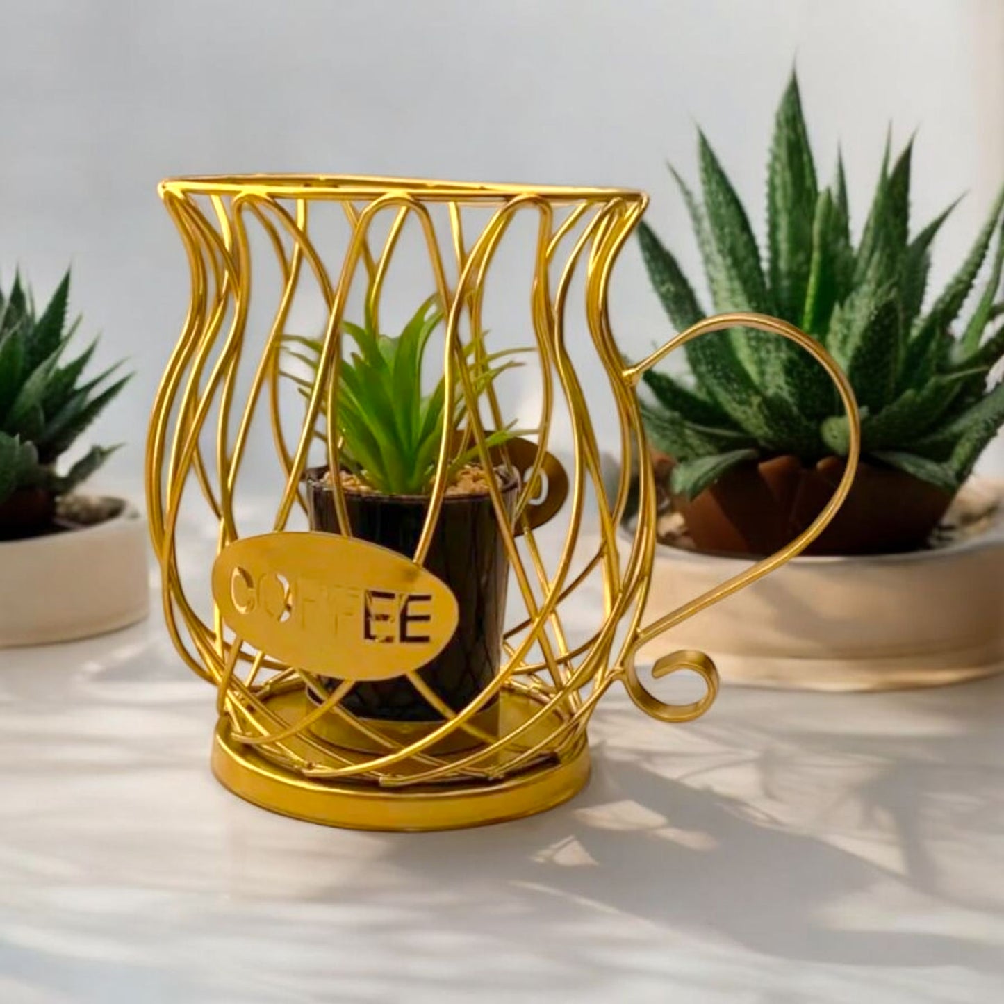 Golden Coffee Cup Wire Planter with Faux Succulent