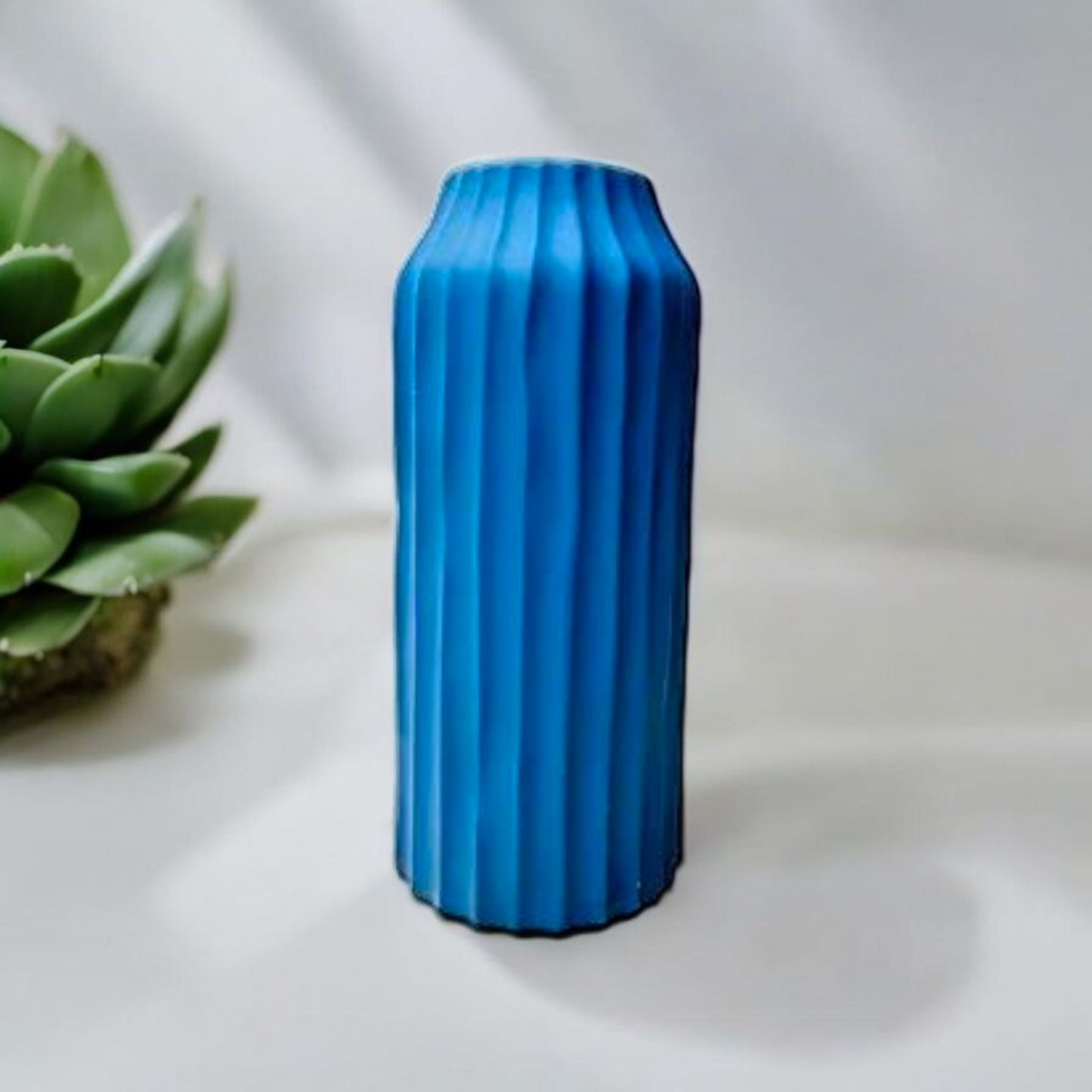 Blue Ribbed Ceramic Vase