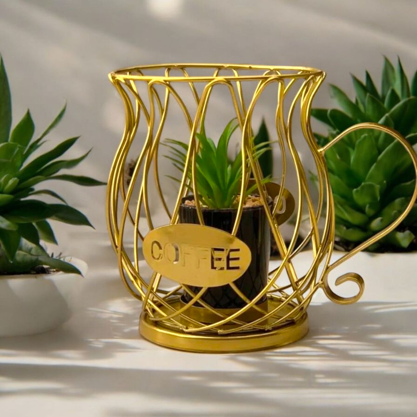 Golden Coffee Cup Wire Planter with Faux Succulent