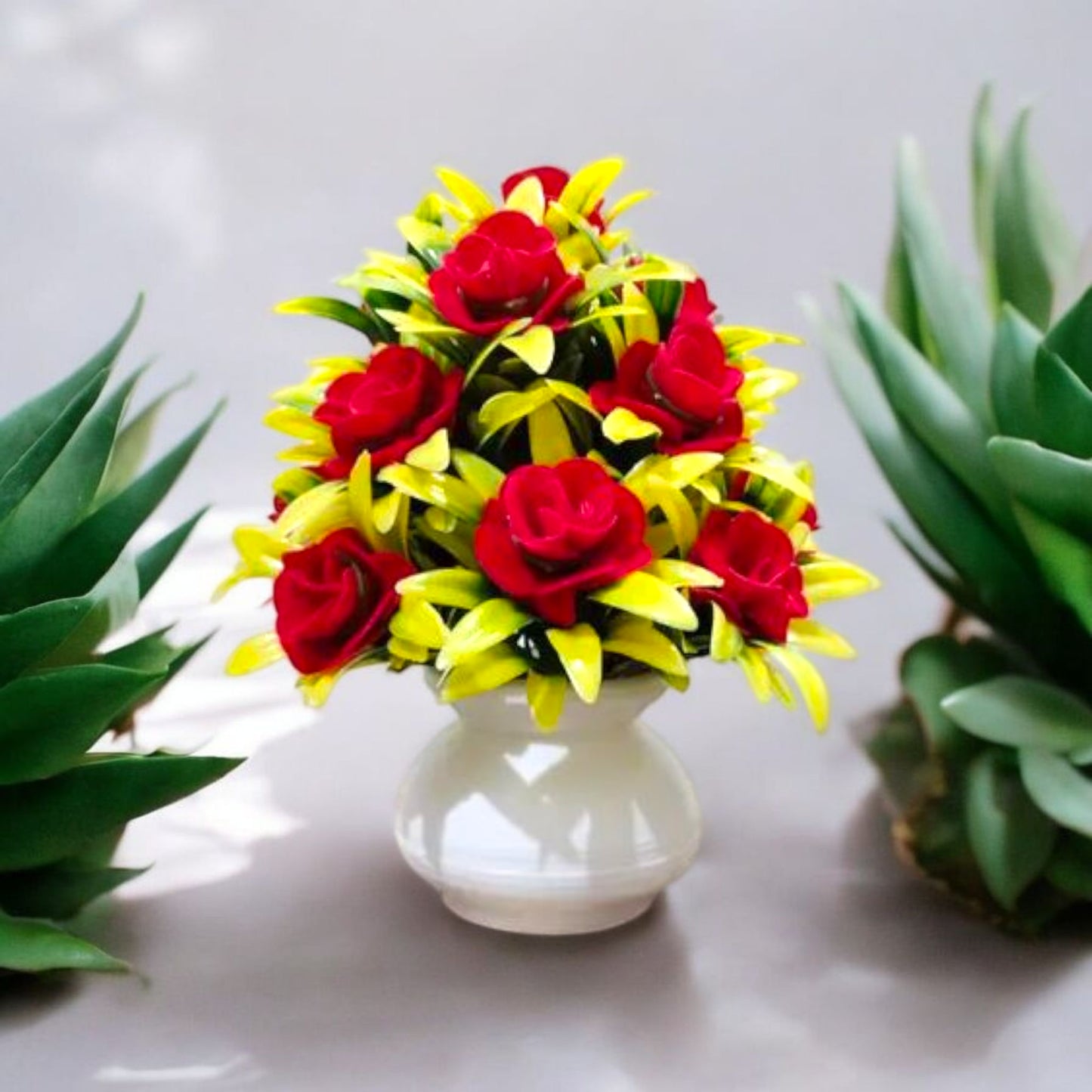 Artificial Red Rose Bouquet in White Ceramic Pot