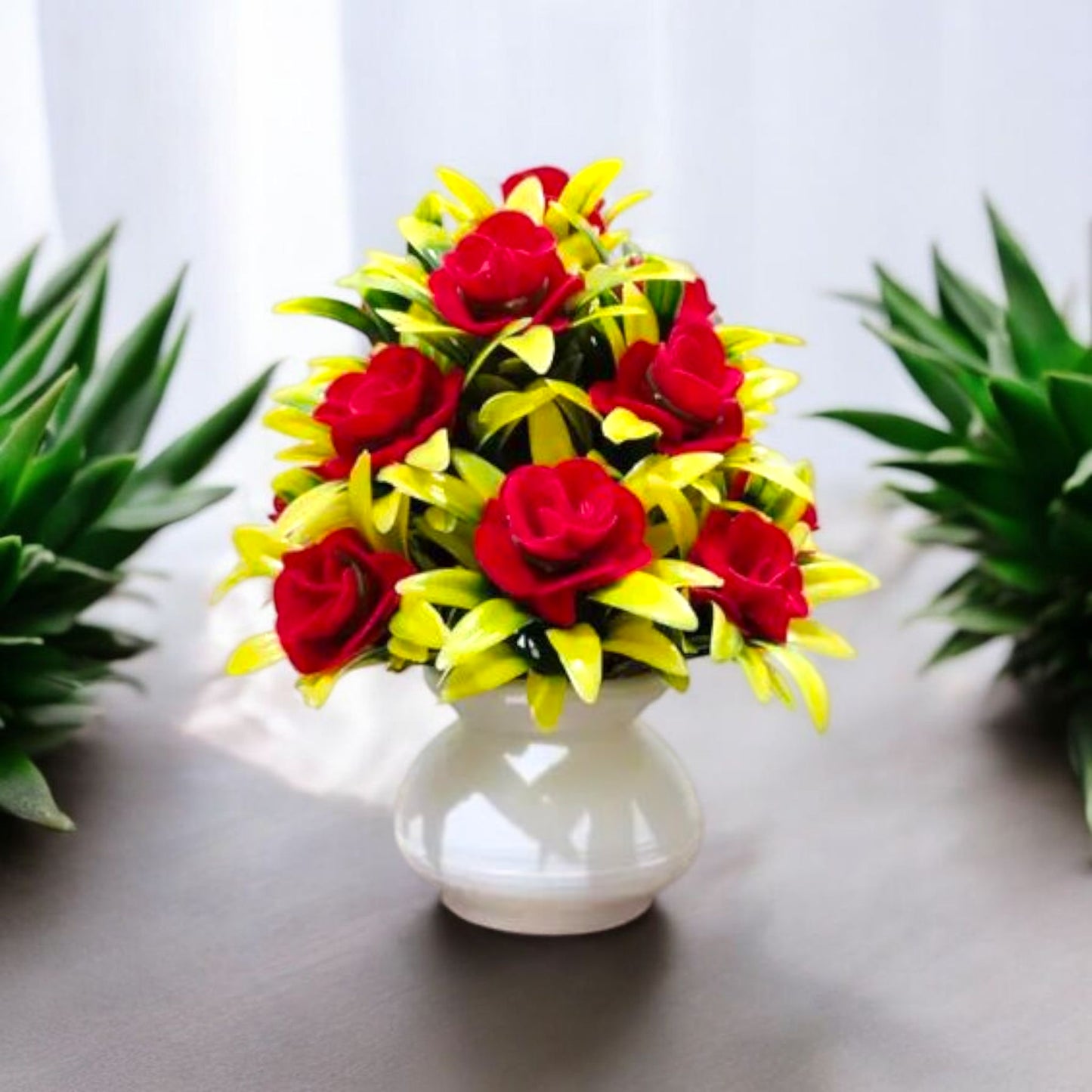 Artificial Red Rose Bouquet in White Ceramic Pot
