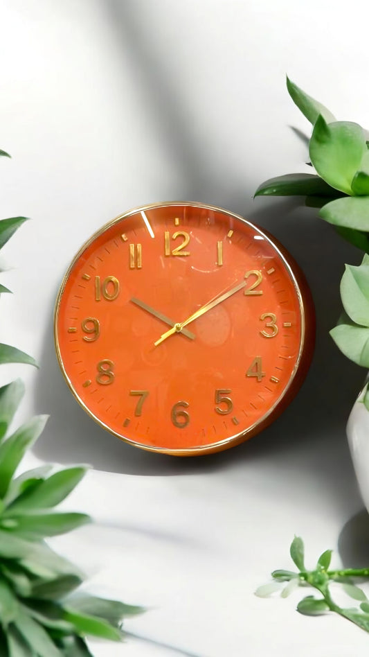 Vintage Orange Wall Clock with Gold Accents