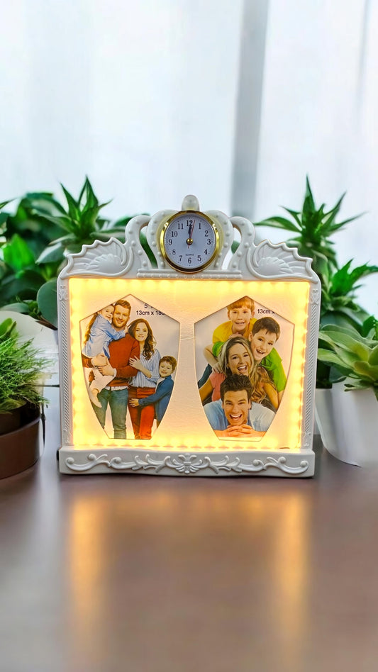 Elegant Dual Photo Frame with LED Lights and Clock