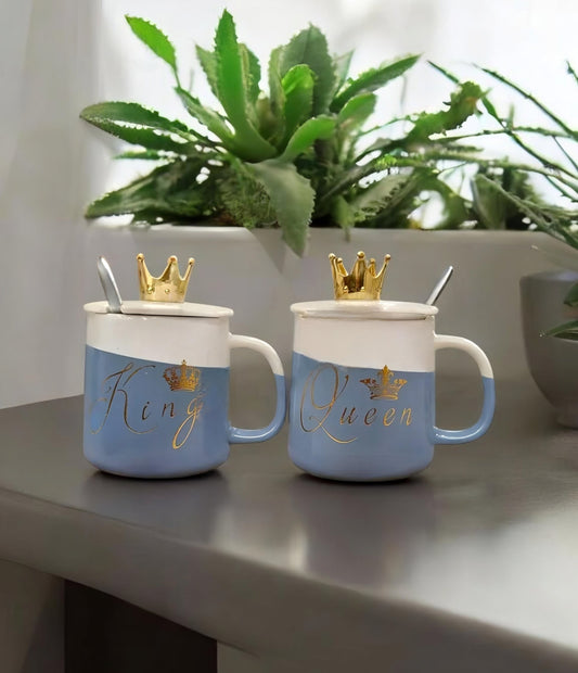 king & Queen Ceramic Mug Set with Golden Crown Lids