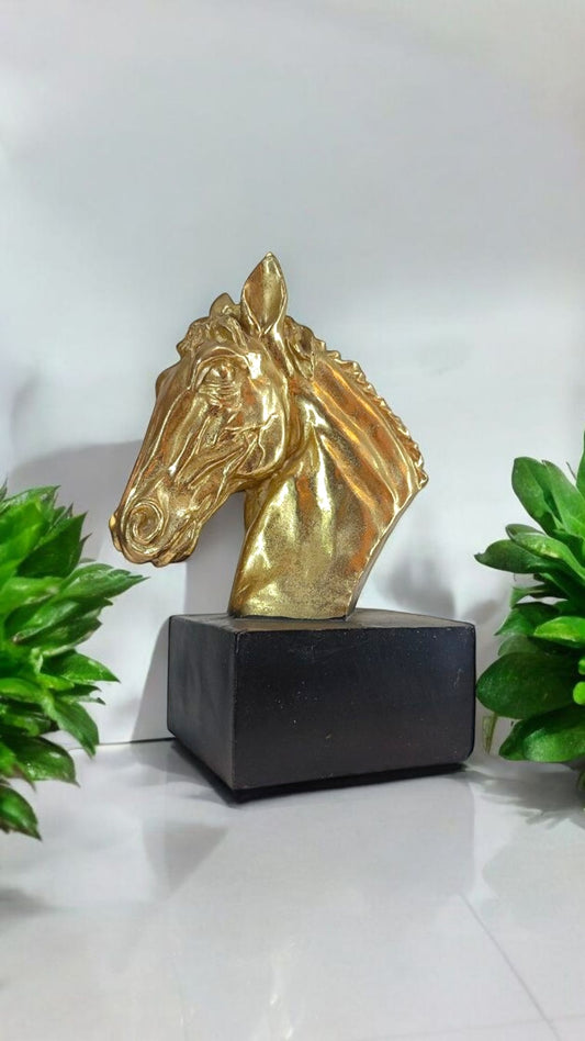 Elegant Golden Horse Head Sculpture on Black Base