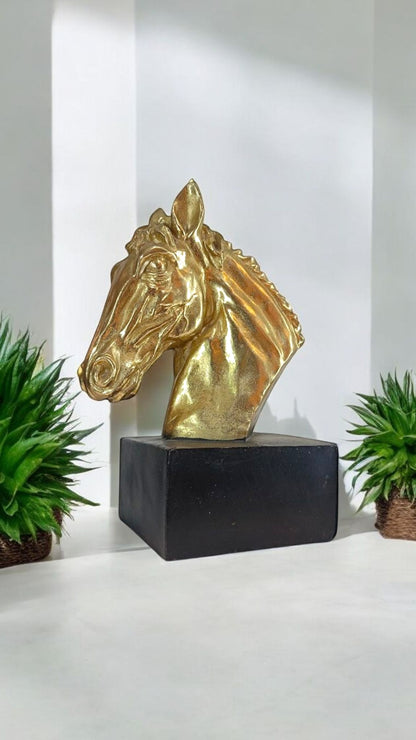 Elegant Golden Horse Head Sculpture on Black Base