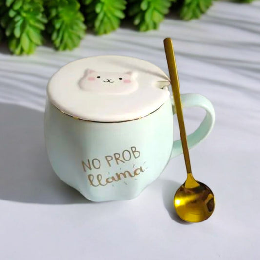 Cute Llama Mug with Lid and Spoon