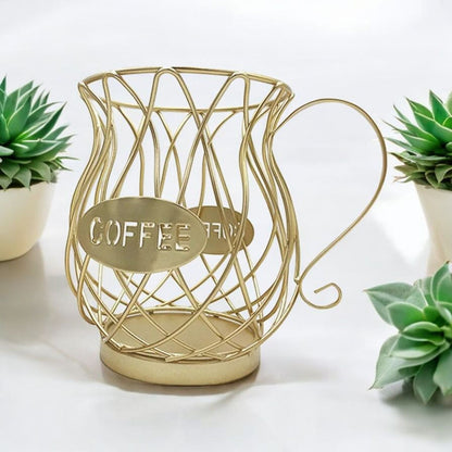 Golden Coffee Cup Wire Planter with Faux Succulent