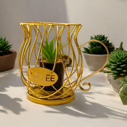 Golden Coffee Cup Wire Planter with Faux Succulent