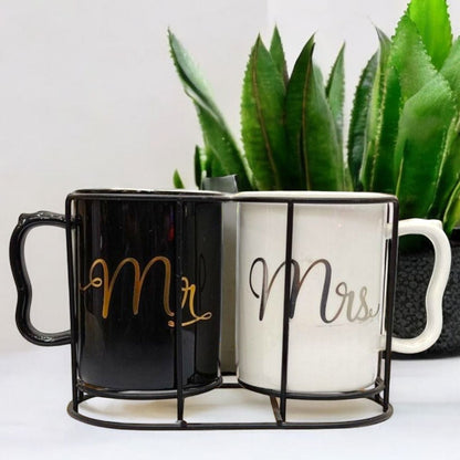 Mr. & Mrs. Ceramic Mug Set with Stand