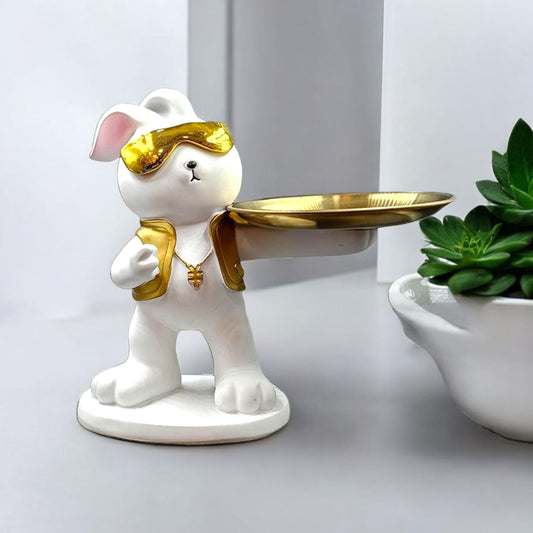 Cool Bunny Decorative Tray Holder – White & Gold Resin Showpiece