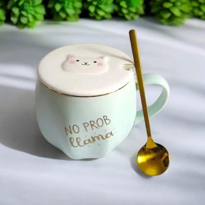Cute Llama Mug with Lid and Spoon