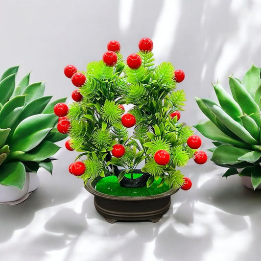 Artificial Cherry Berry Bonsai in Black Pot