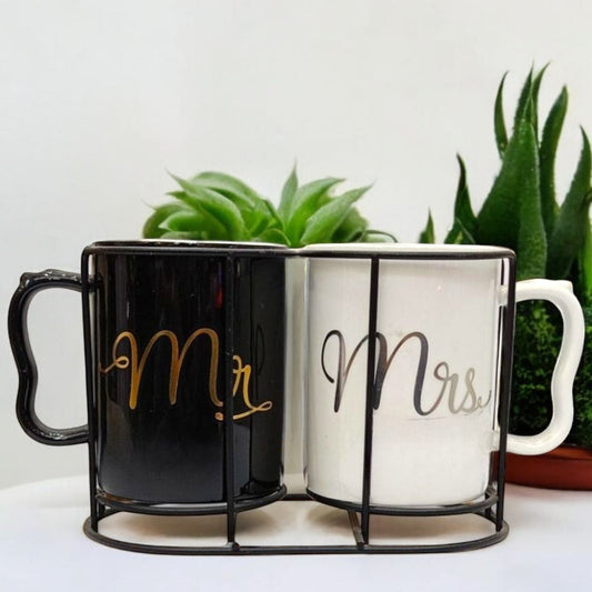 Mr. & Mrs. Ceramic Mug Set with Stand
